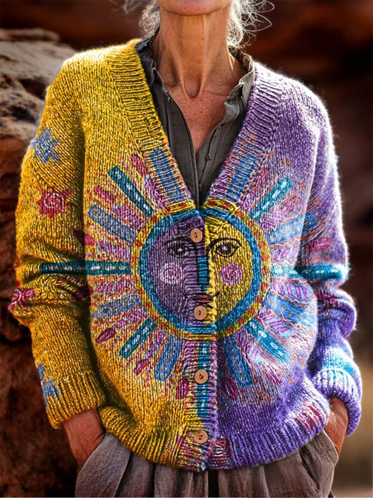 Cardigans Femmes Rétro Hiver Motif dégradé Polyester Col V Poids lourd Manches Longues Régulier Droit