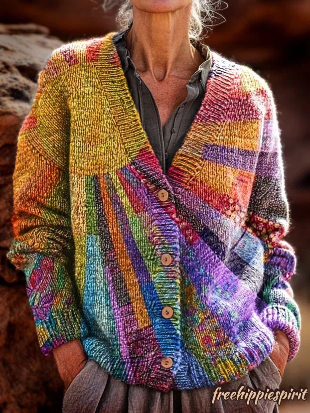 Cardigans Femmes Rétro Hiver Motif dégradé Polyester Col V Poids lourd Manches Longues Régulier Droit