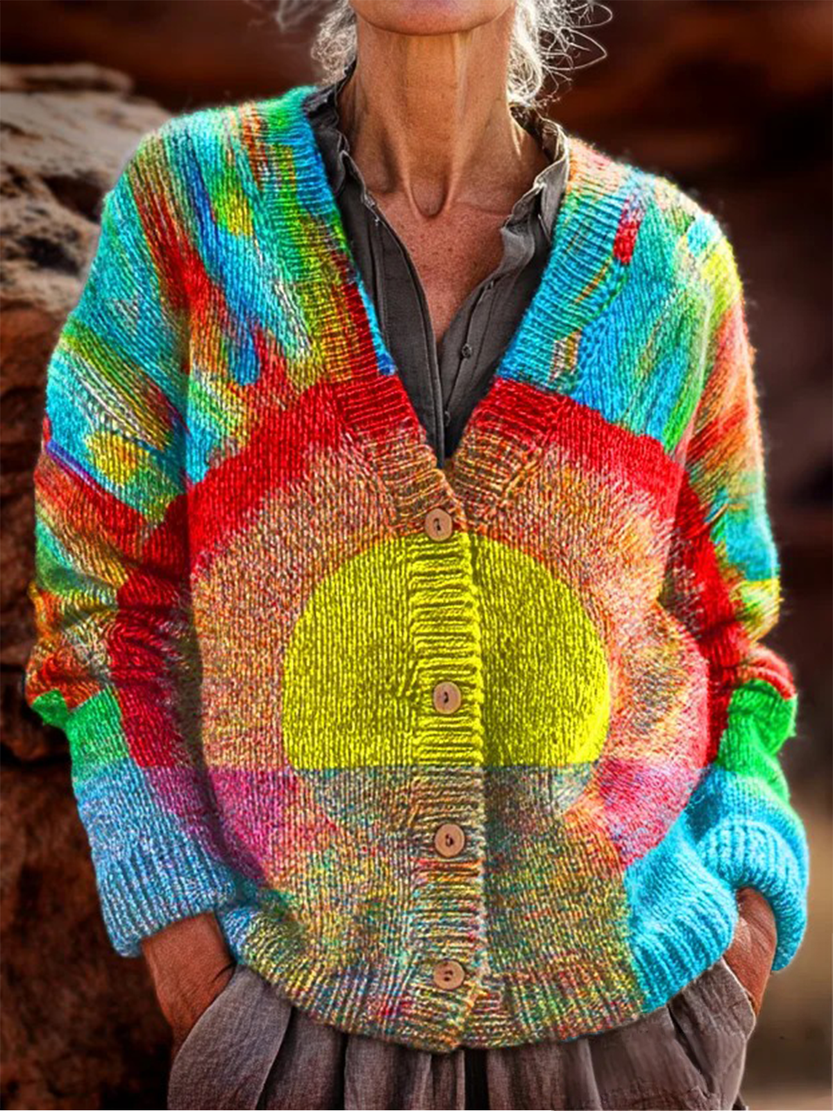Cardigans Femmes Rétro Hiver Motif dégradé Polyester Col V Poids lourd Manches Longues Régulier Droit