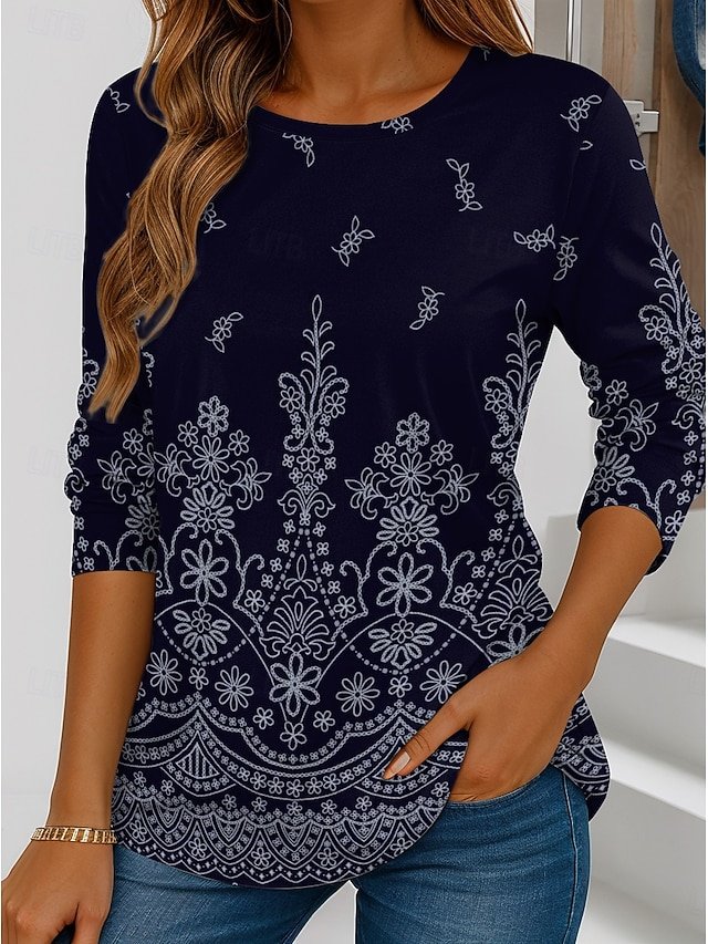 T-shirts Femmes Décontracté Floral Printemps / Automne Coton Micro-élasticité Manches Longues Col Rond Régulier Régulier