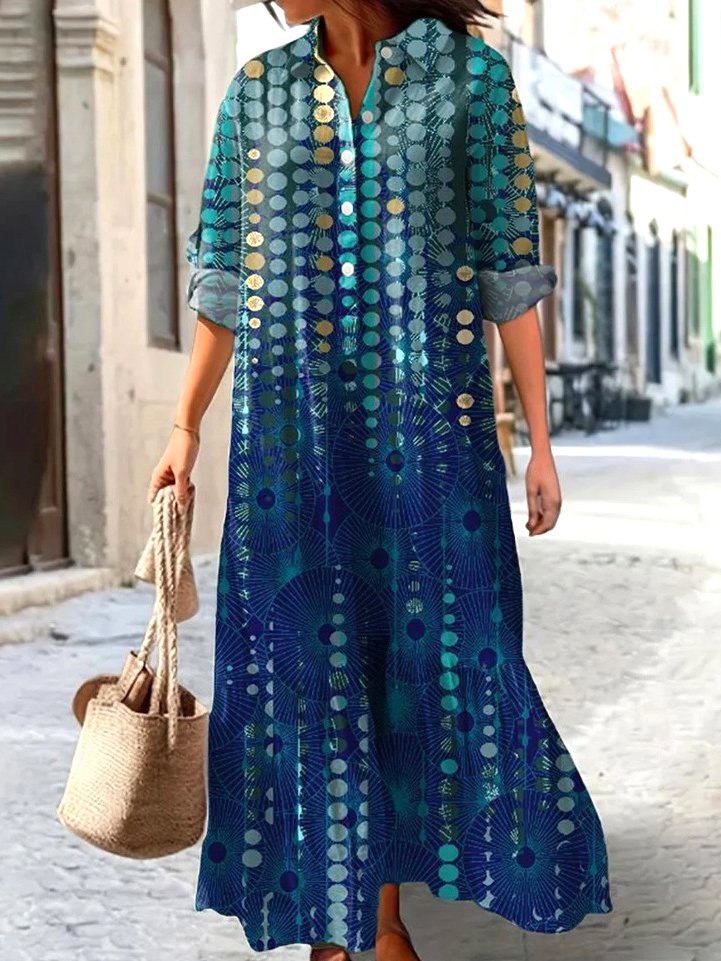 Femmes Géométrique Bleu Col V Confortable Robe Maxi Décontracté