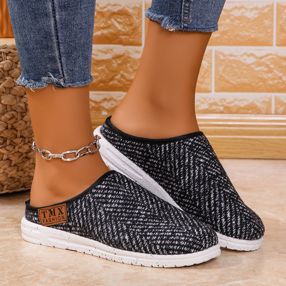 Mocassins Femmes Décontracté Bloc de Couleur Toutes Les Saisons à Talon Plat Bout Fermé flocage Caoutchouc à Enfiler Mocassins