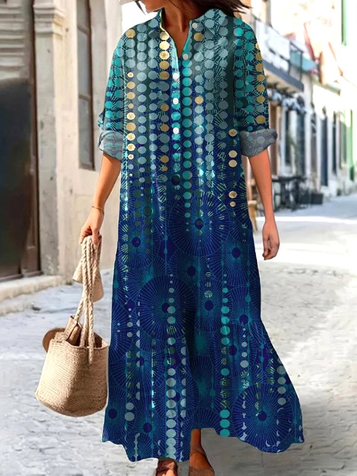 Femmes Géométrique Bleu Col V Confortable Robe Maxi Décontracté