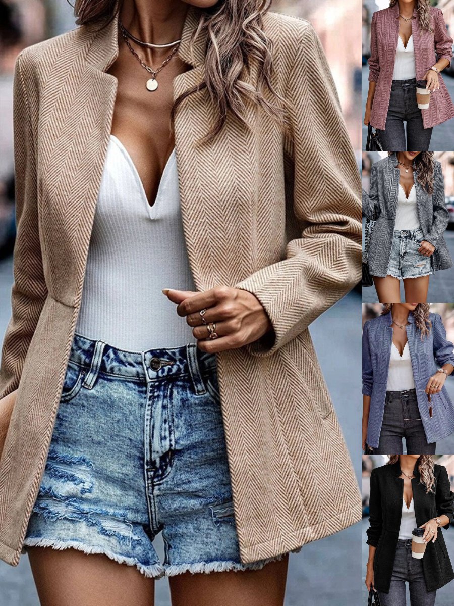 Micro-élasticité Col Châle Manches Longues Régulier Géométrique Veste de tweed Blouson Joint Fendu pour Femmes