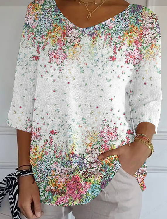 T-shirts Femmes Décontracté Floral Printemps / Automne Micro-élasticité Ample Manches trois quarts Régulier Ligne T Régulier