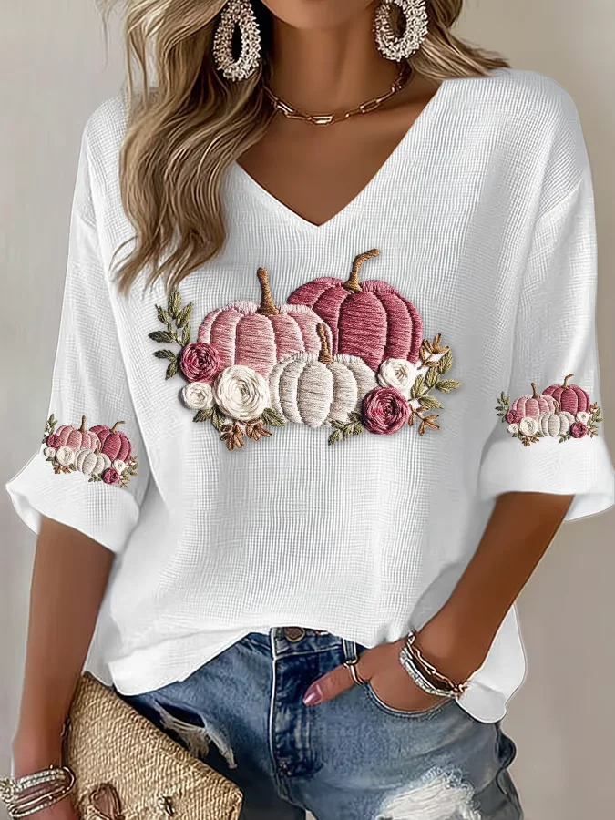 T-shirts Rue Printemps / Automne Toussaint (citrouille) Polyester Col V Micro-élasticité Quotidien Coupe Régulière Régulier pour Femmes