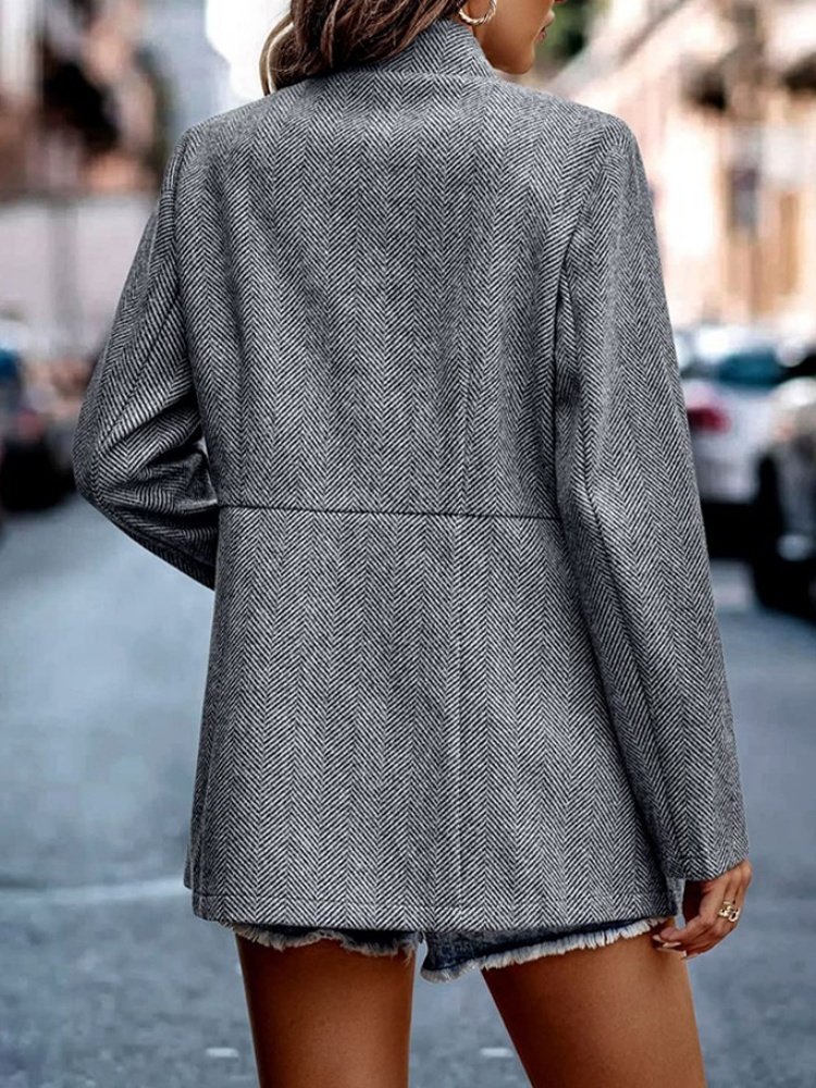 Micro-élasticité Col Châle Manches Longues Régulier Géométrique Veste de tweed Blouson Joint Fendu pour Femmes