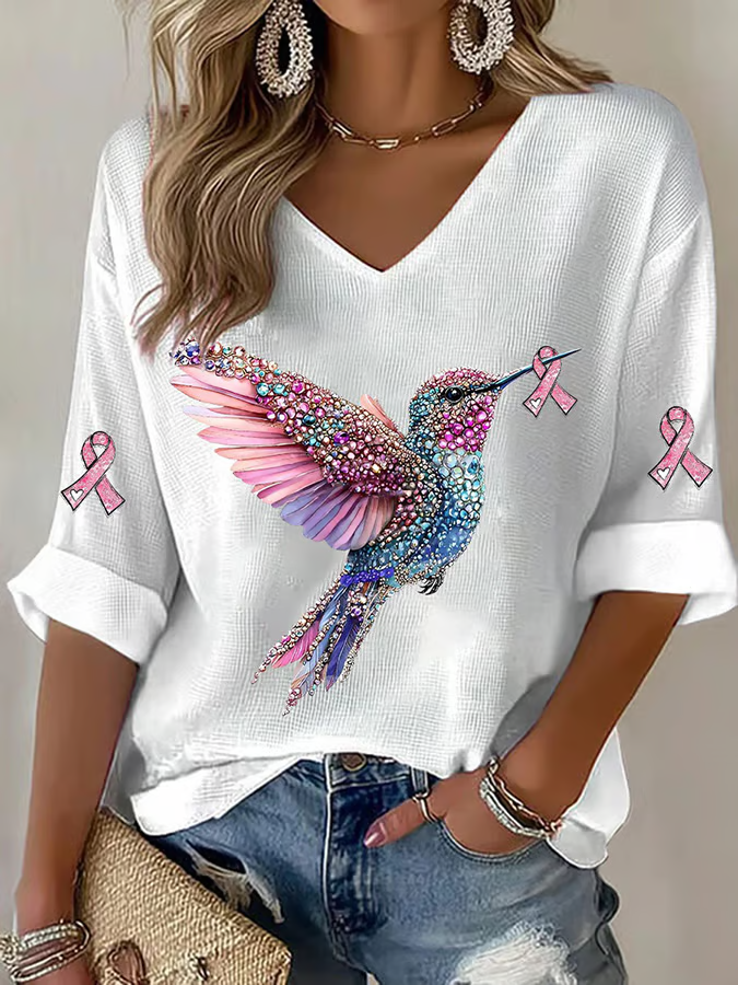 T-shirts Femmes Simple Printemps / Automne impression en 3D Col V Fête Manches trois quarts Régulier Ligne T Régulier