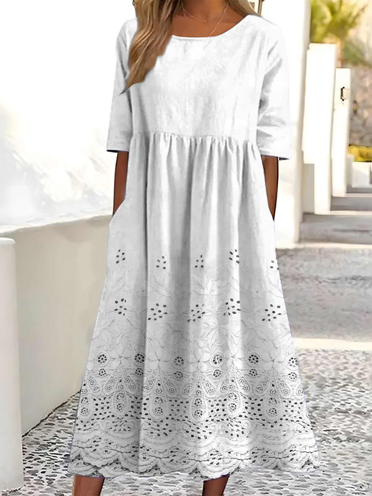 Femmes Motif dégradé Blanc Col Rond Confortable Robe Maxi Rétro