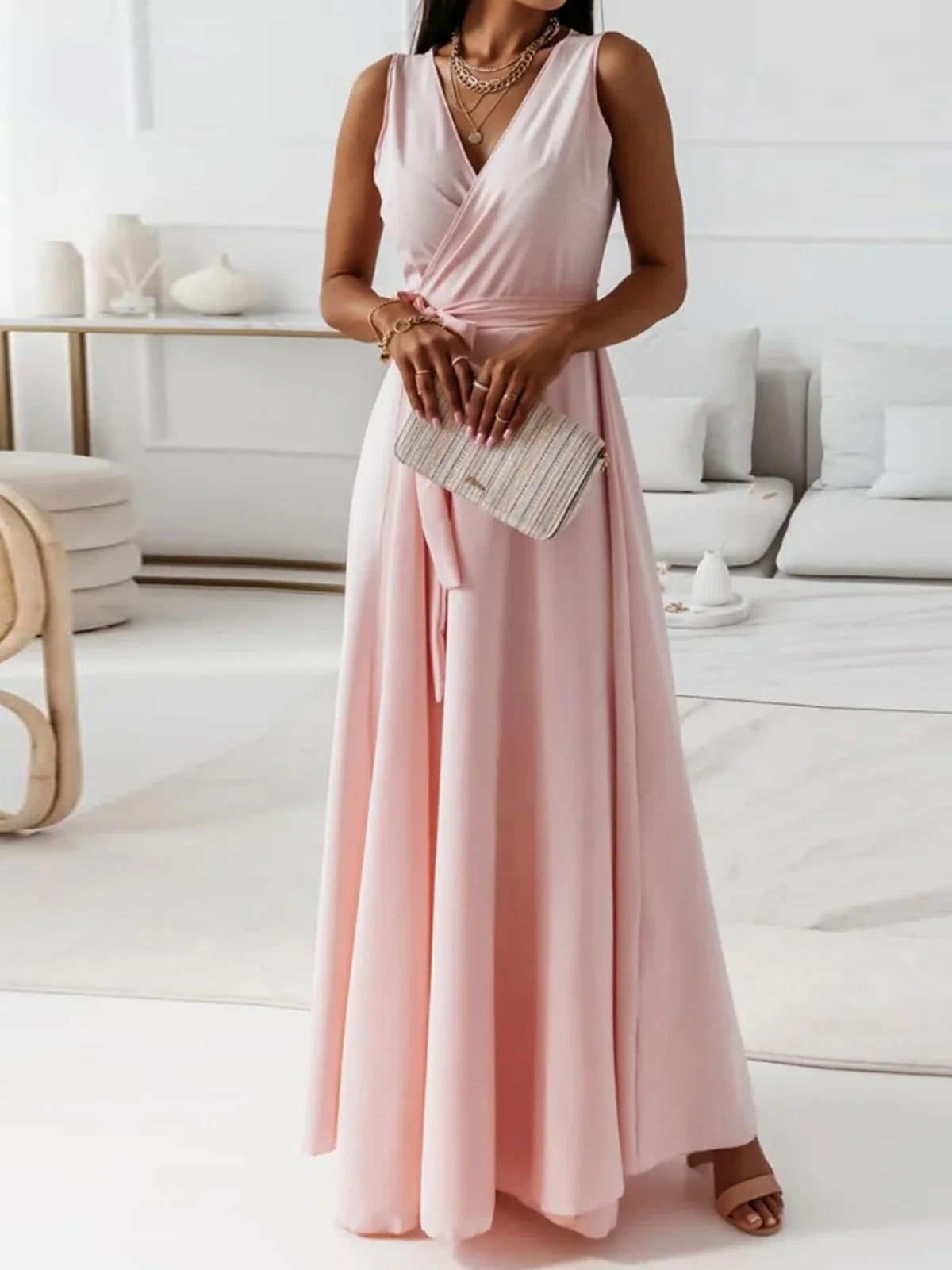 Femmes Plain Vert Foncé Col V Confortable Joint Fendu Robe Maxi Rétro