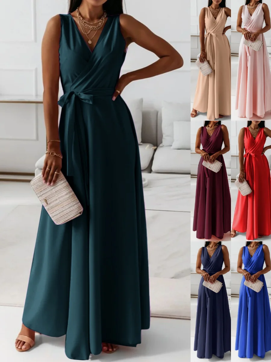 Femmes Plain Vert Foncé Col V Confortable Joint Fendu Robe Maxi Rétro