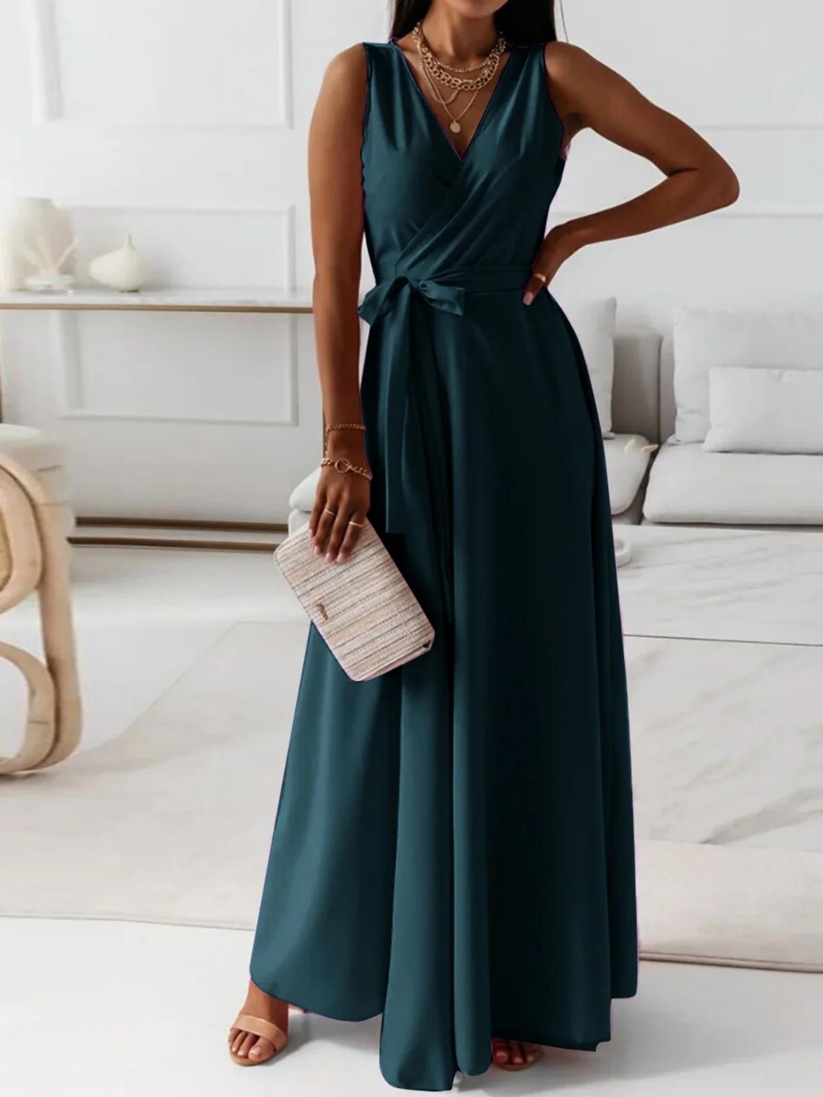 Femmes Plain Vert Foncé Col V Confortable Joint Fendu Robe Maxi Rétro