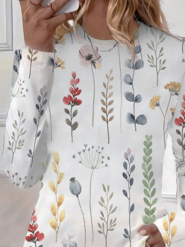 T-shirts Décontracté Floral Printemps / Automne Imprimé Ample Jersey Col Rond Régulier Droit pour Femmes