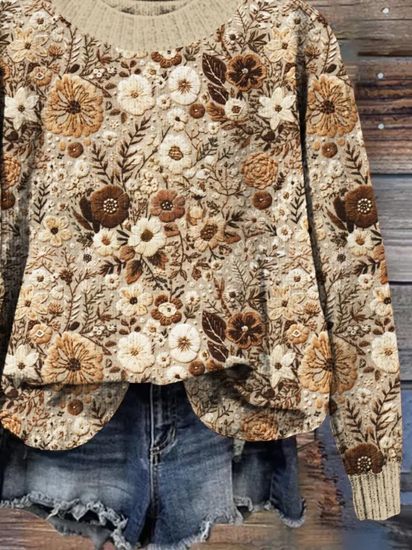 Pulls Décontracté Floral Printemps / Automne Imprimé Quotidien Col Rond Régulier Droit Élasticité moyenne pour Femmes