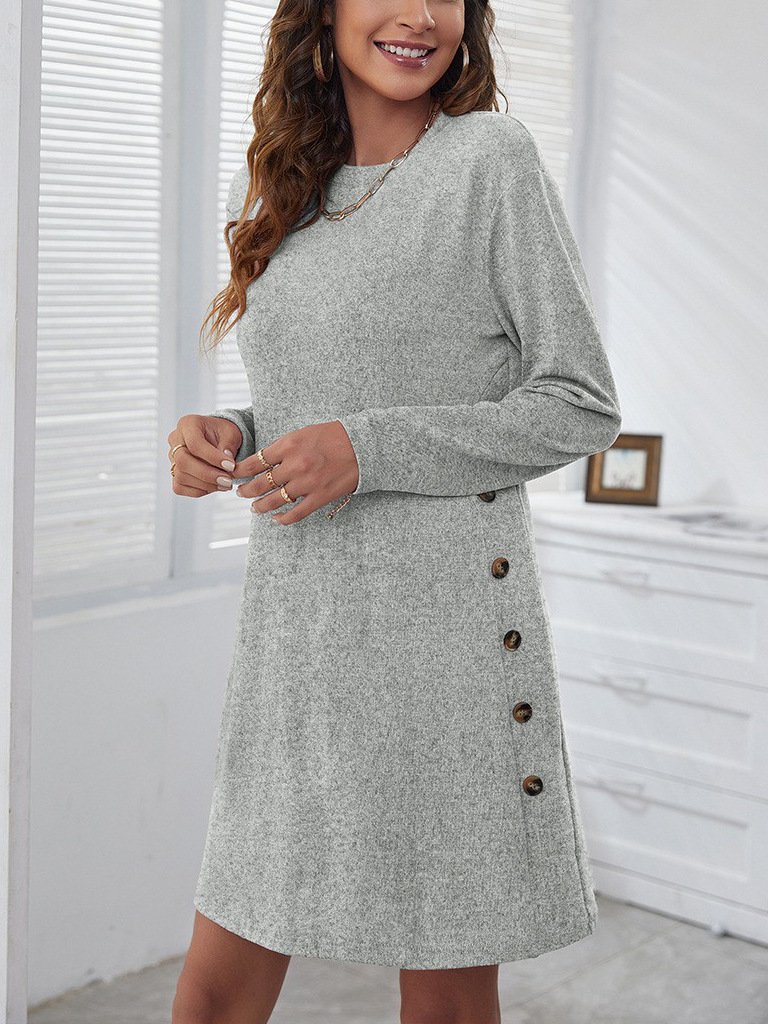 Femmes Plain Rose Col Rond Confortable Joint Fendu Robe Mi-Longue Rétro