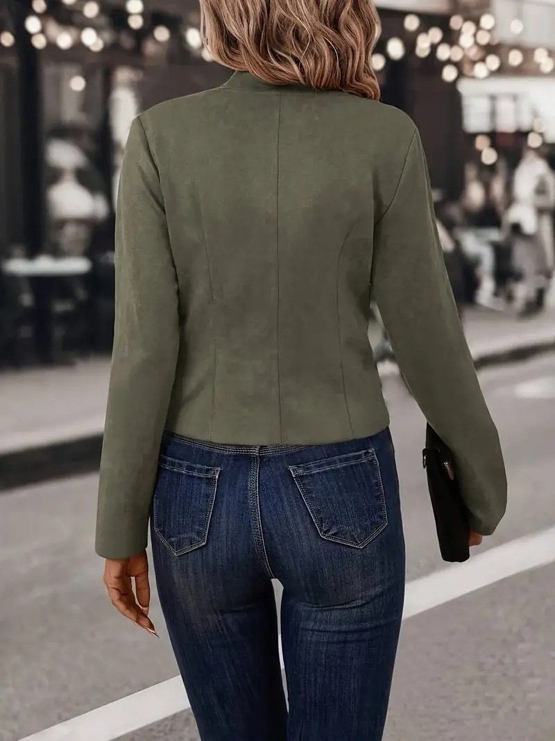 Micro-élasticité Col Montant Manches Longues Devant Ouvert Régulier Plain Blazer Joint Fendu pour Femmes
