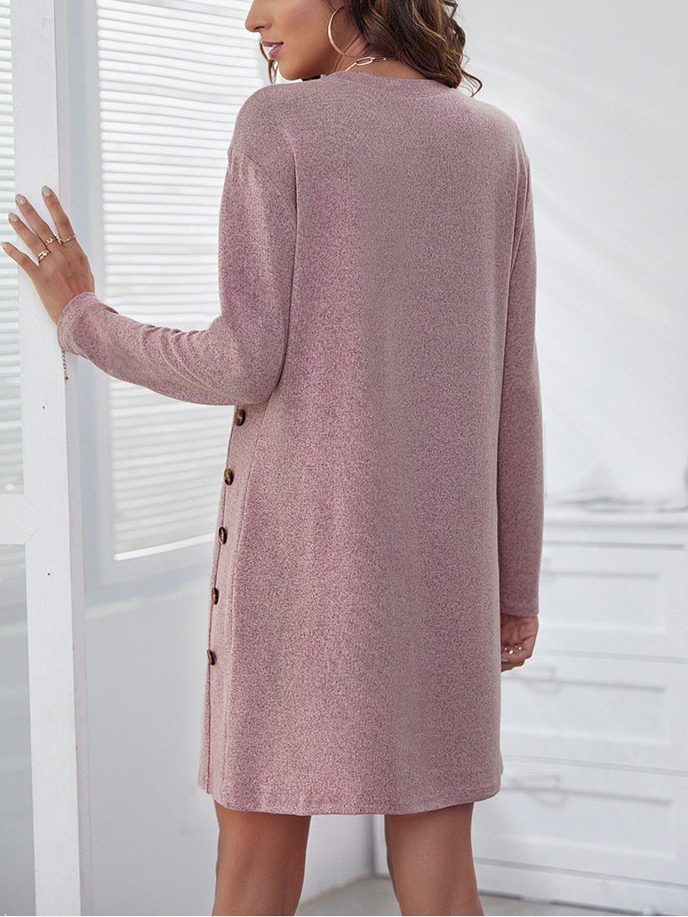 Femmes Plain Rose Col Rond Confortable Joint Fendu Robe Mi-Longue Rétro