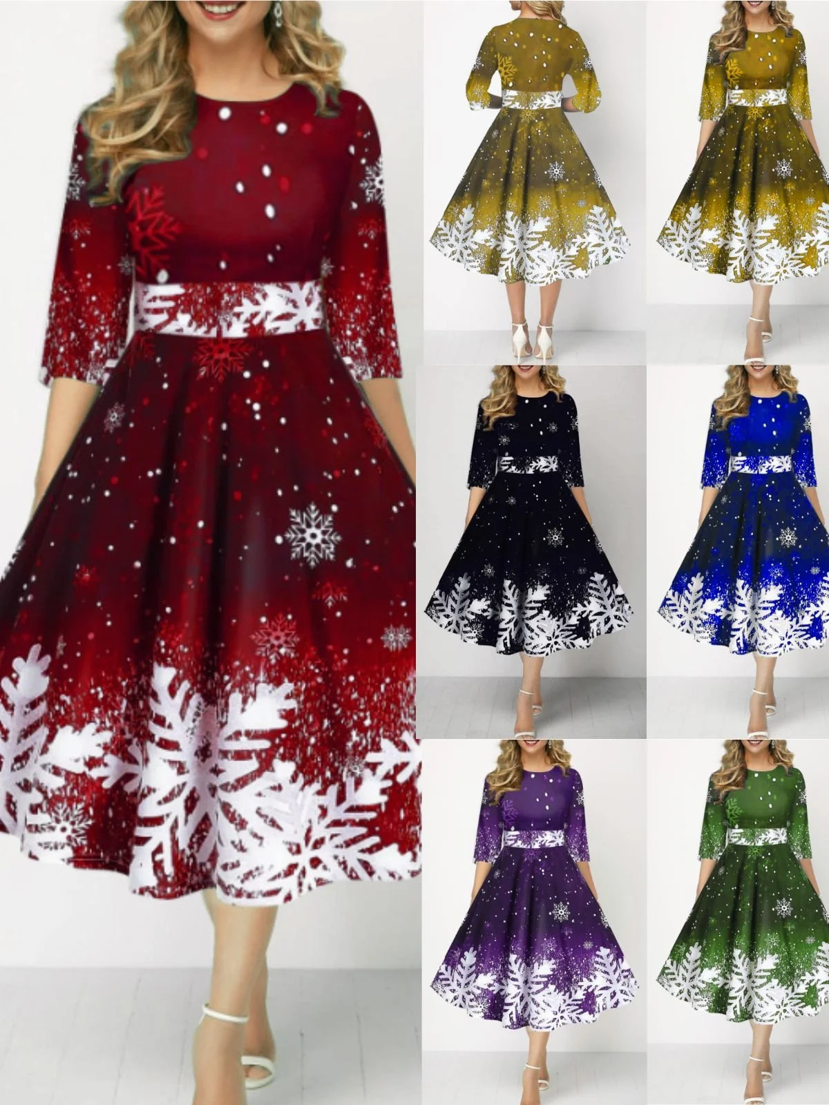 Femmes Noël Violet Col Rond Confortable Robe Mi-Longue Sexy