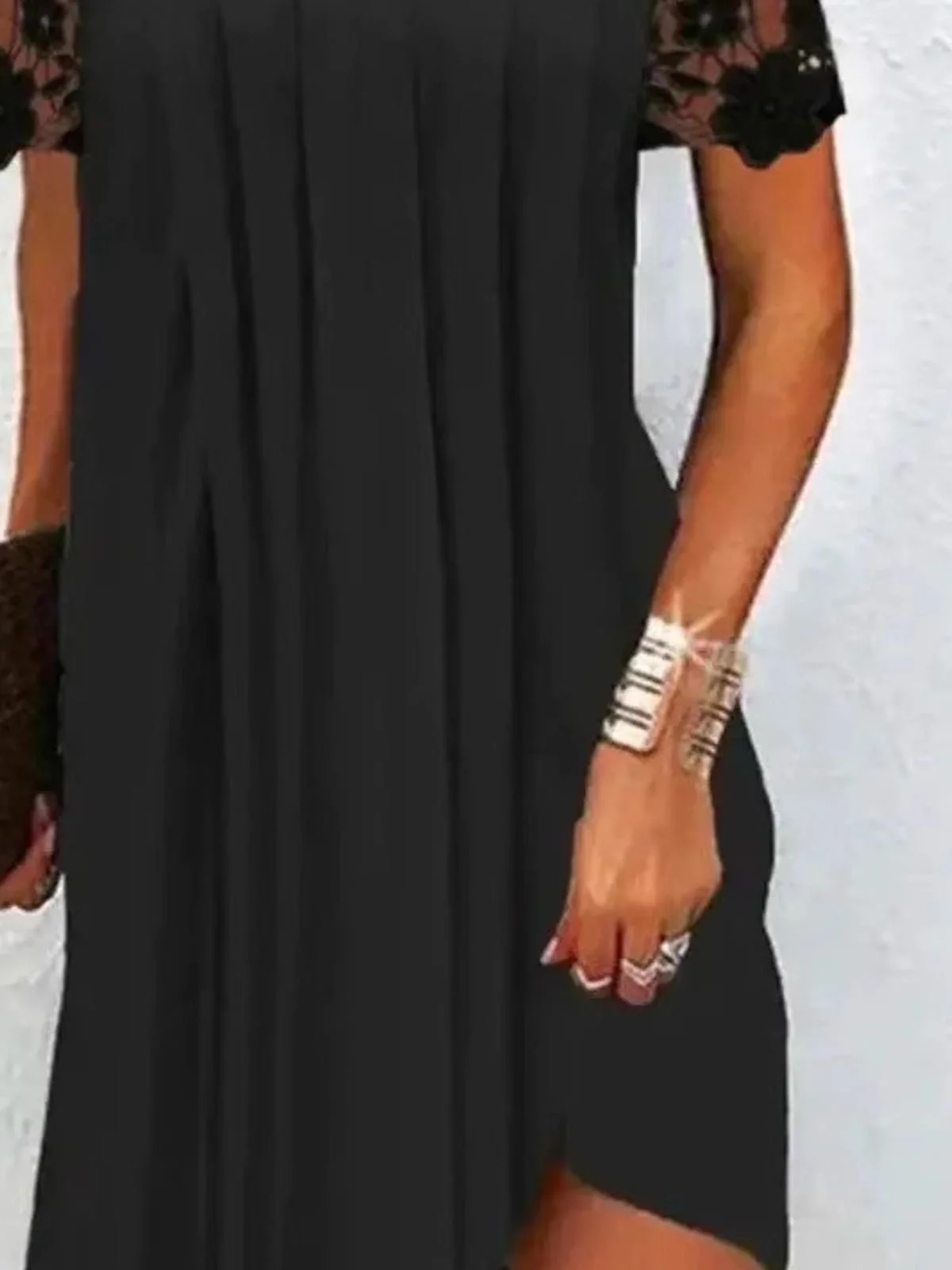 Femmes Plain Noir Col V Confortable Évidé Robe Mi-Longue Fête