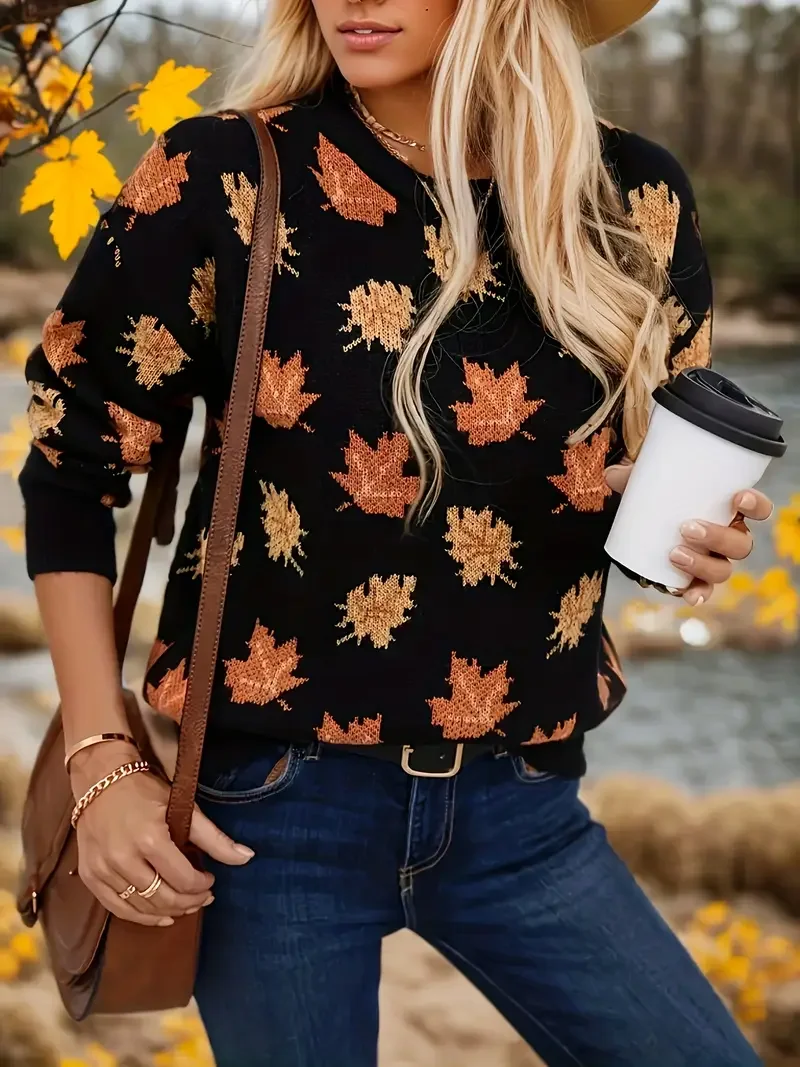 Pulls Décontracté Printemps / Automne Feuille d'Érable Polyester Faire la navette Manches Longues Régulier Droit Élasticité moyenne pour Femmes