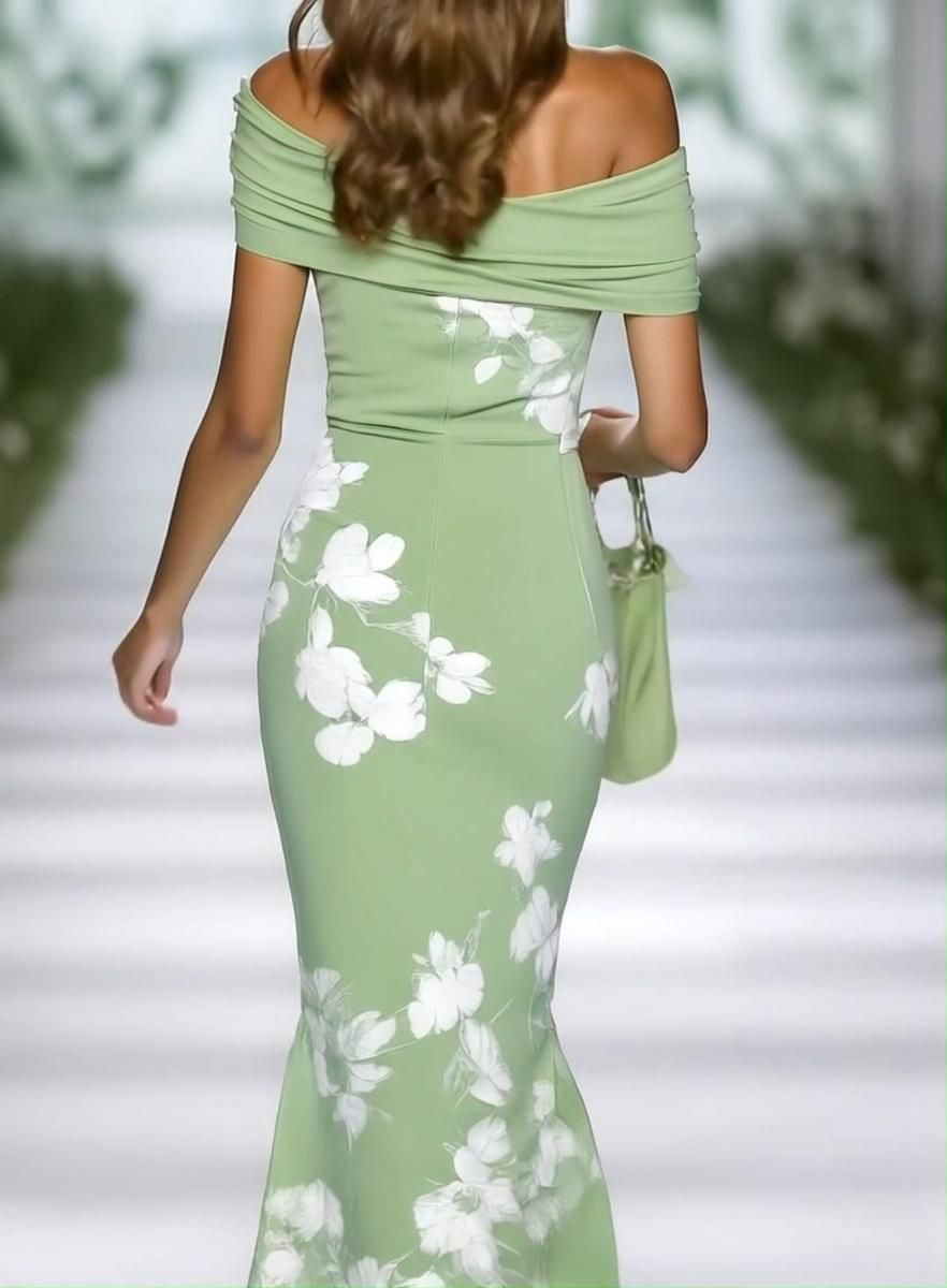 Femmes Floral Vert à Épaules Dénudées Confortable Imprimé Robe Maxi Rétro