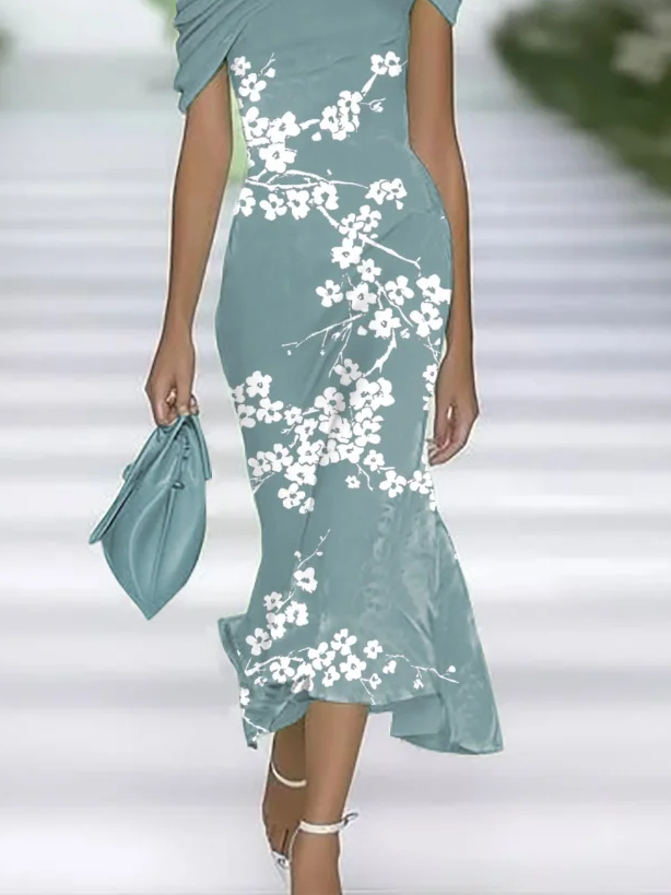 Femmes Floral Cyan à Épaules Dénudées Confortable Imprimé Robe Maxi Rétro