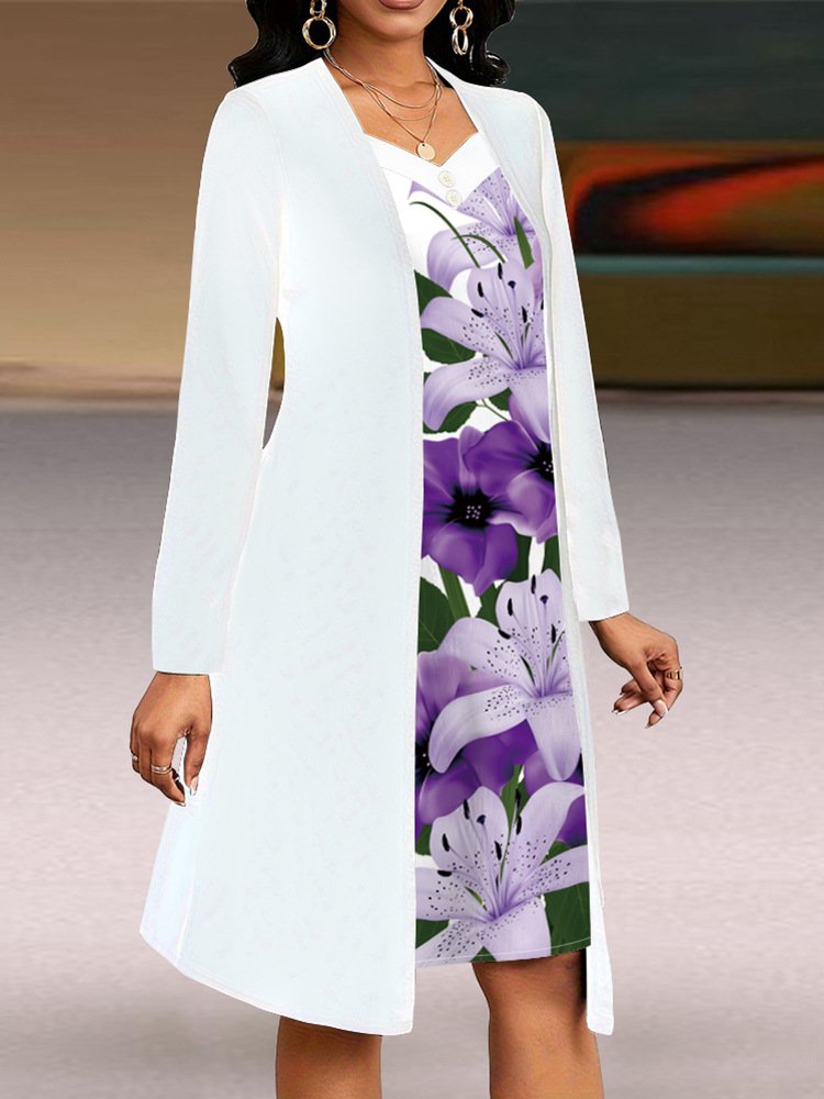 Femmes Floral Blanc Col V Confortable Robe Mi-Longue Décontracté