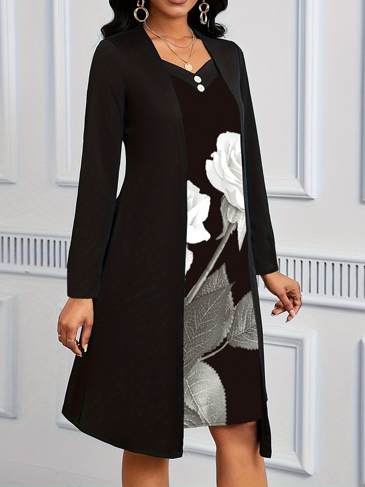 Femmes Floral Noir Col V Confortable Robe Mi-Longue Décontracté