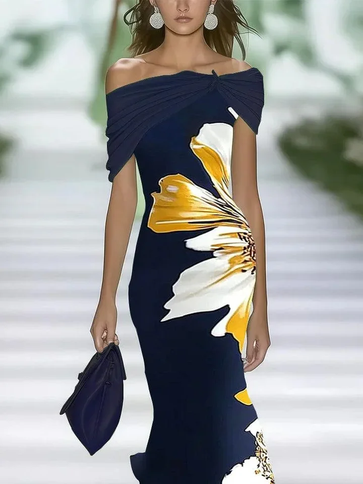 Femmes Floral Bleu Violacé à Épaules Dénudées Confortable Imprimé Robe Maxi Rétro