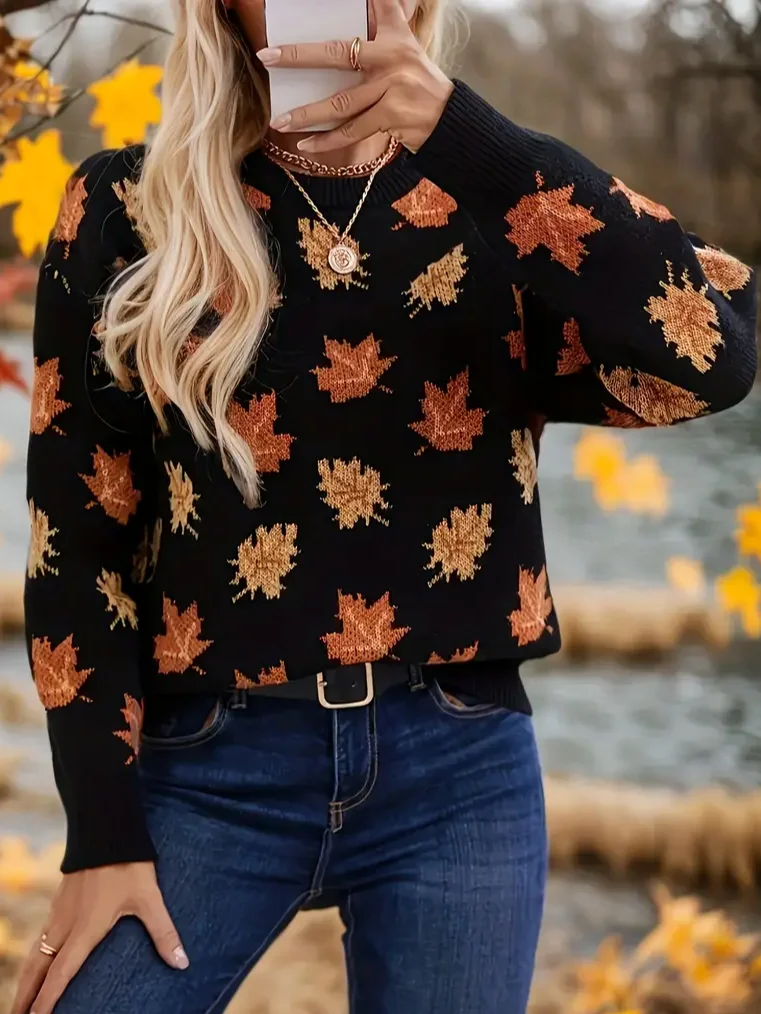 Pulls Décontracté Printemps / Automne Feuille d'Érable Polyester Faire la navette Manches Longues Régulier Droit Élasticité moyenne pour Femmes