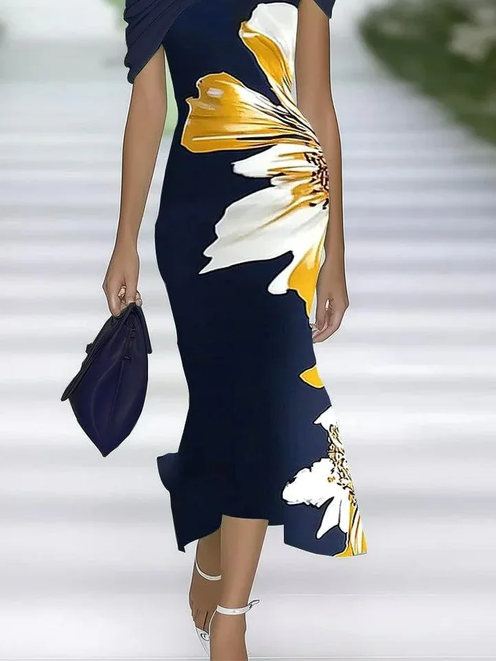 Femmes Floral Bleu Violacé à Épaules Dénudées Confortable Imprimé Robe Maxi Rétro