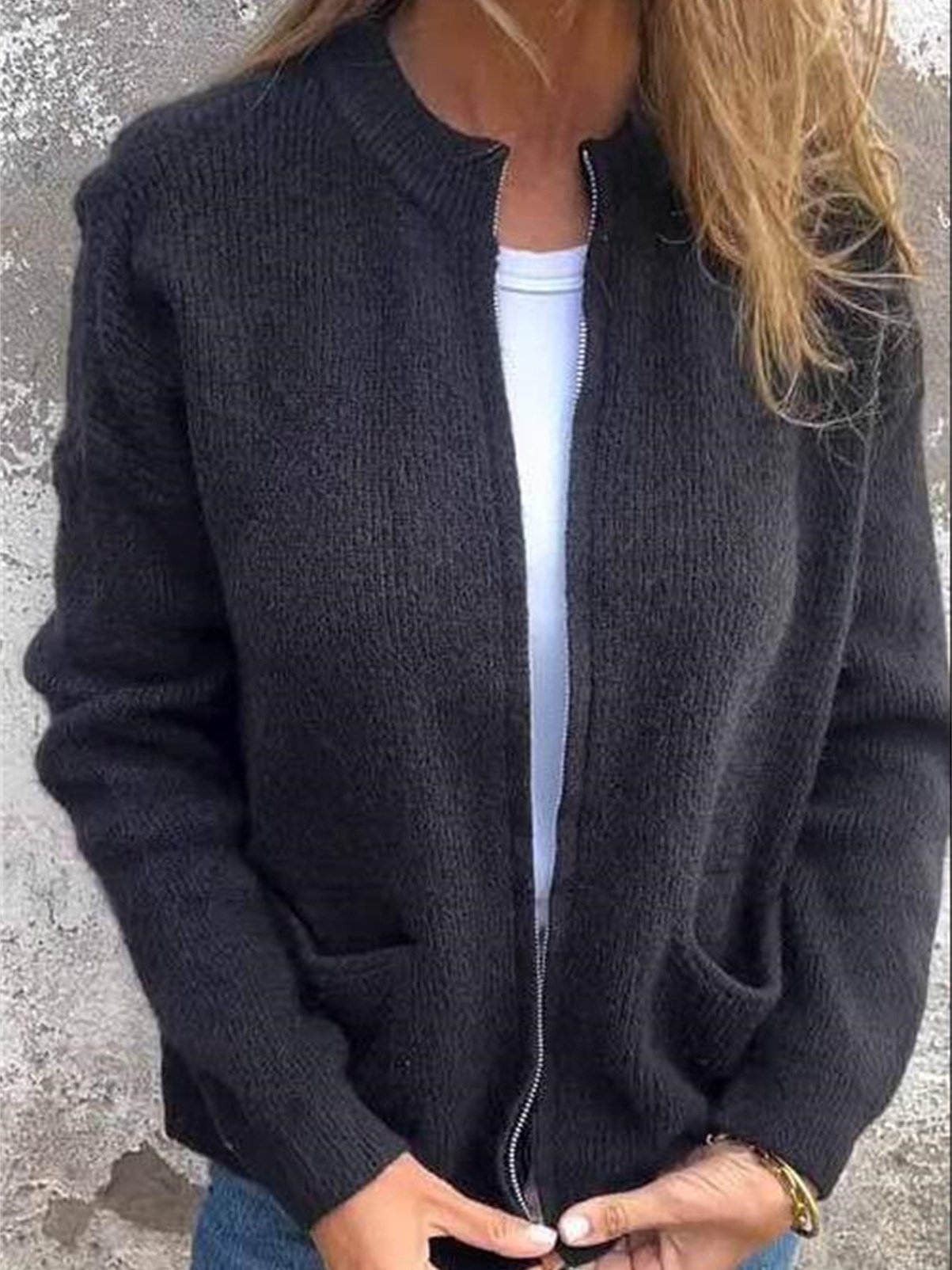 Micro-élasticité Col Montant Manches Longues Régulier Plain Blouson Aviateur Blouson Joint Fendu pour Femmes