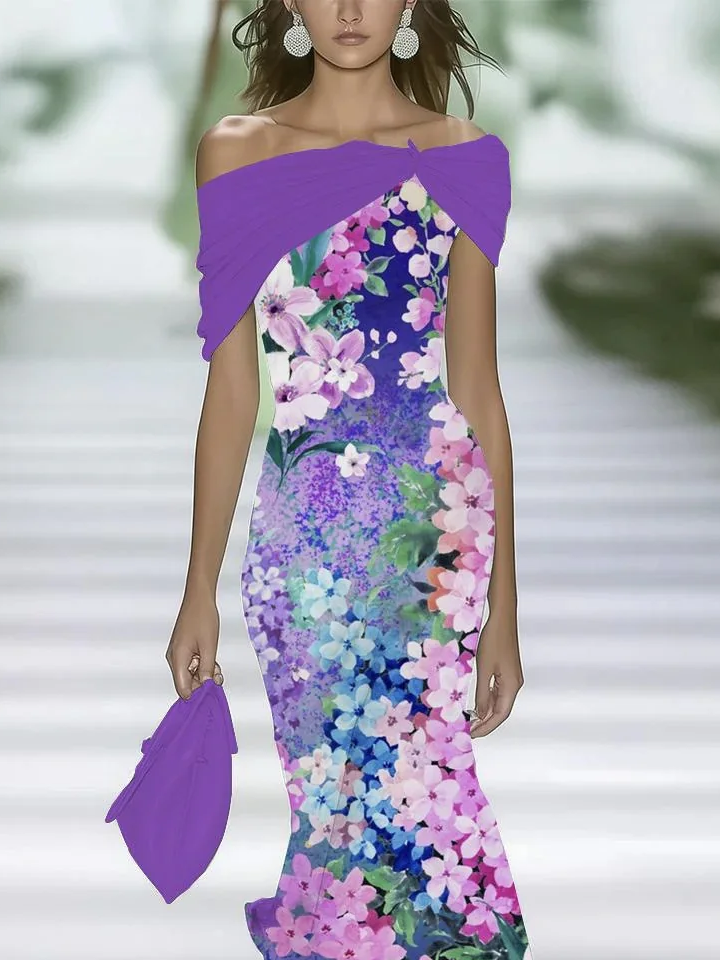 Femmes Floral Violet à Épaules Dénudées Confortable Imprimé Robe Maxi Rétro