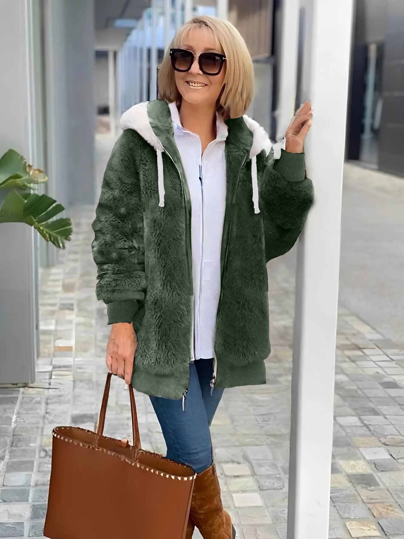 Col Châle Manches Longues Épaissi Plain Sweat à capuche zippé Caniche Blouson pour Femmes
