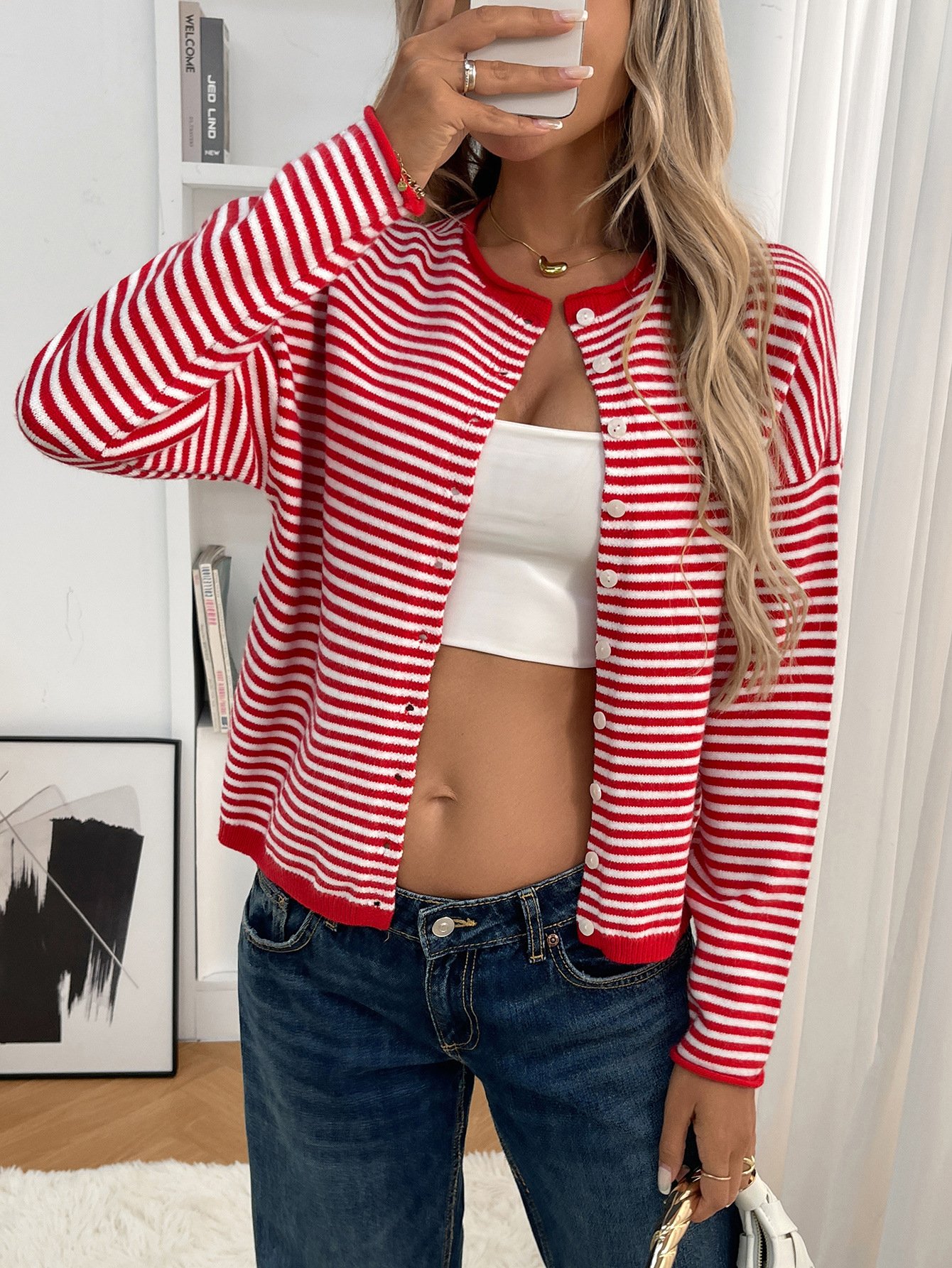 Cardigans Femmes Rayé Décontracté Printemps / Automne Polyester Quotidien Coupe Régulière Col Rond Régulier Élasticité moyenne