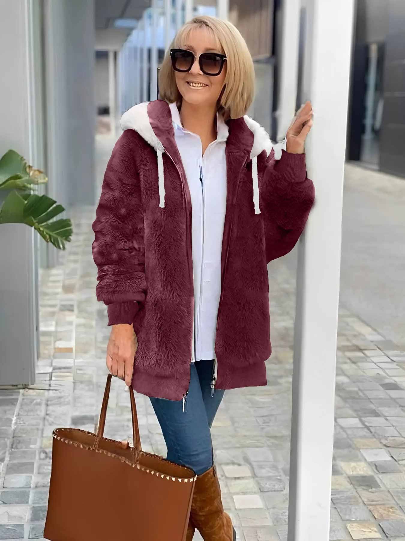 Col Châle Manches Longues Épaissi Plain Sweat à capuche zippé Caniche Blouson pour Femmes