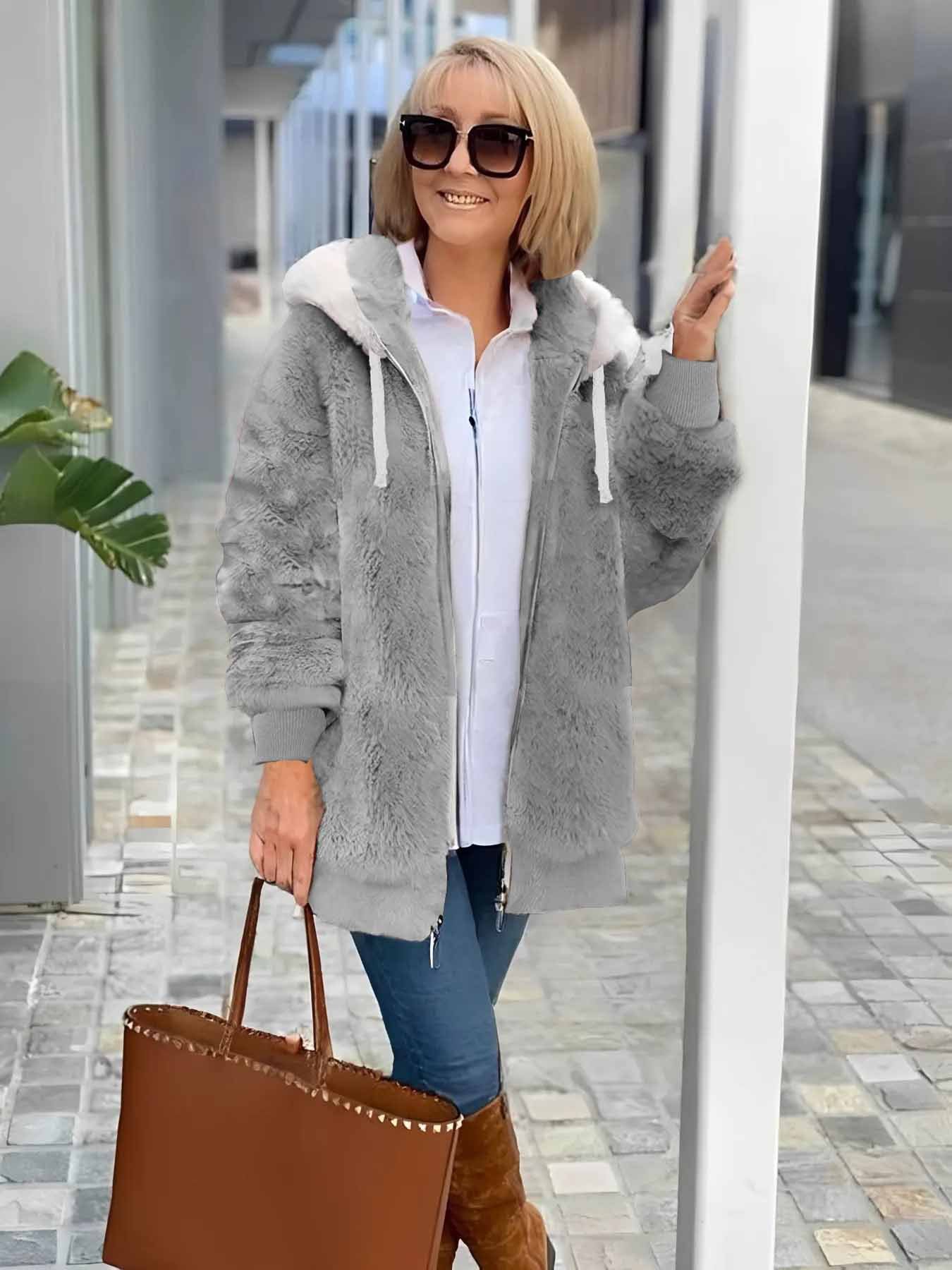 Col Châle Manches Longues Épaissi Plain Sweat à capuche zippé Caniche Blouson pour Femmes
