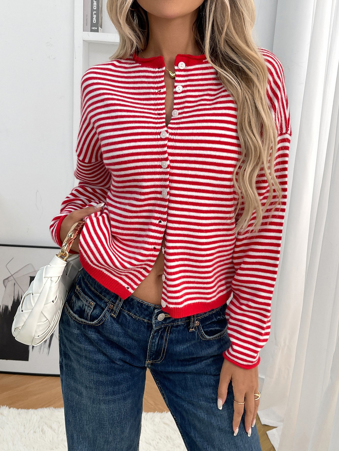 Cardigans Femmes Rayé Décontracté Printemps / Automne Polyester Quotidien Coupe Régulière Col Rond Régulier Élasticité moyenne