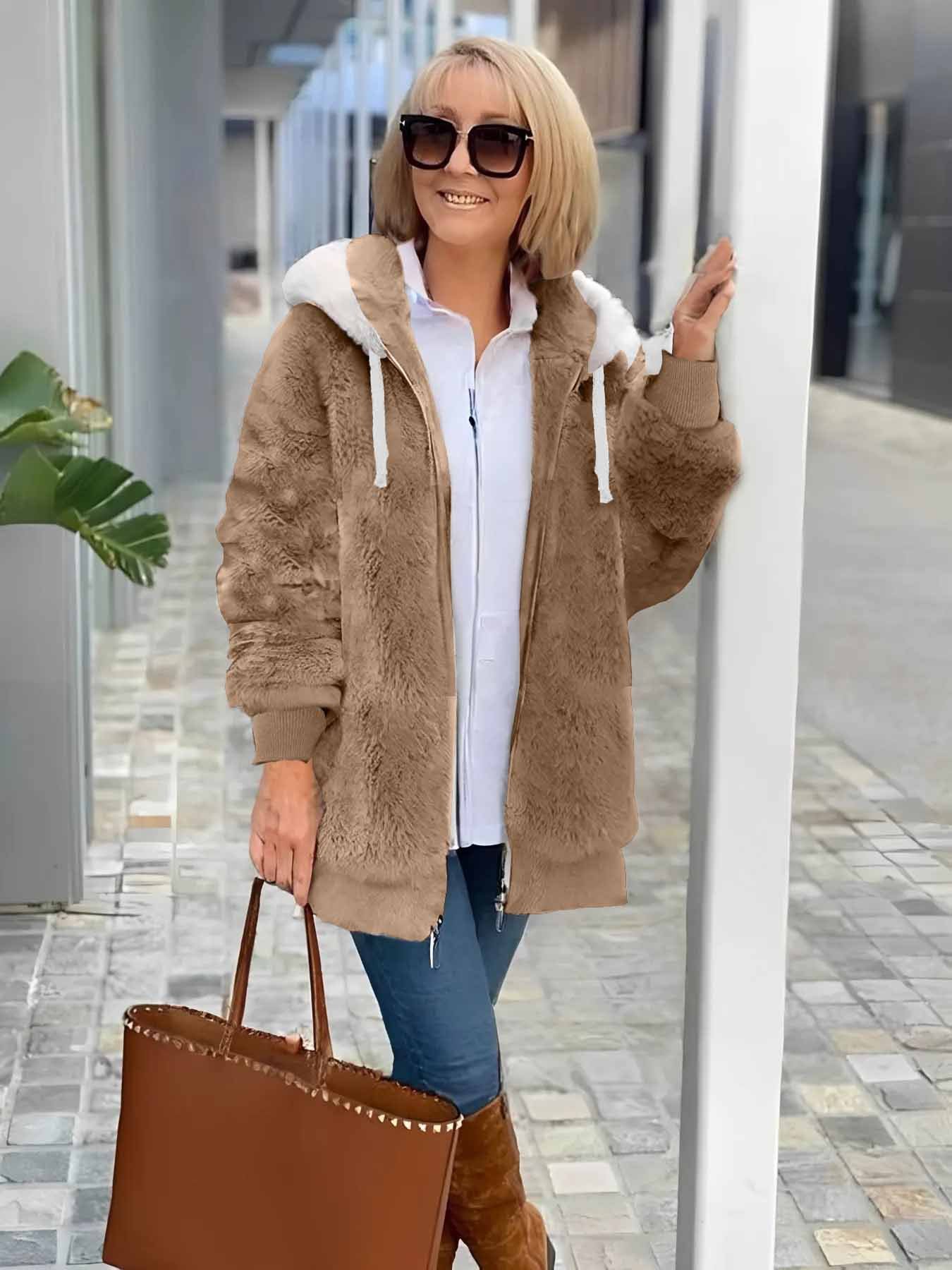Col Châle Manches Longues Épaissi Plain Sweat à capuche zippé Caniche Blouson pour Femmes