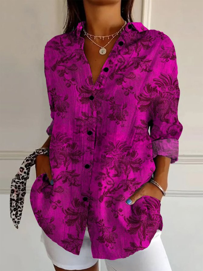 Chemises Simple Floral Printemps / Automne Faire la navette Manches Longues Mi-long Droit Régulier Projectile à quatre côtés pour Femmes