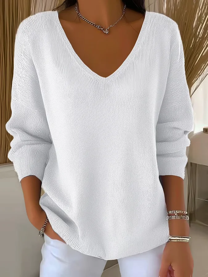 T-shirts Femmes Décontracté Plain Printemps / Automne Polyester Col V Micro-élasticité Manches Longues Régulier Régulier