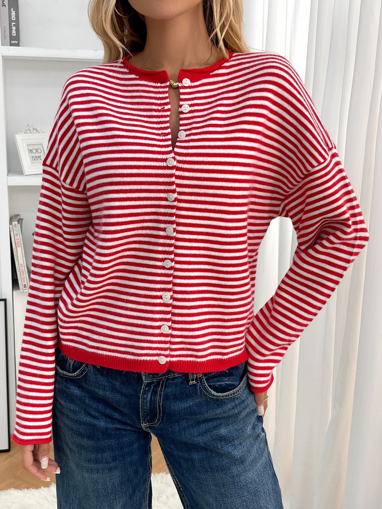 Cardigans Femmes Rayé Décontracté Printemps / Automne Polyester Quotidien Coupe Régulière Col Rond Régulier Élasticité moyenne