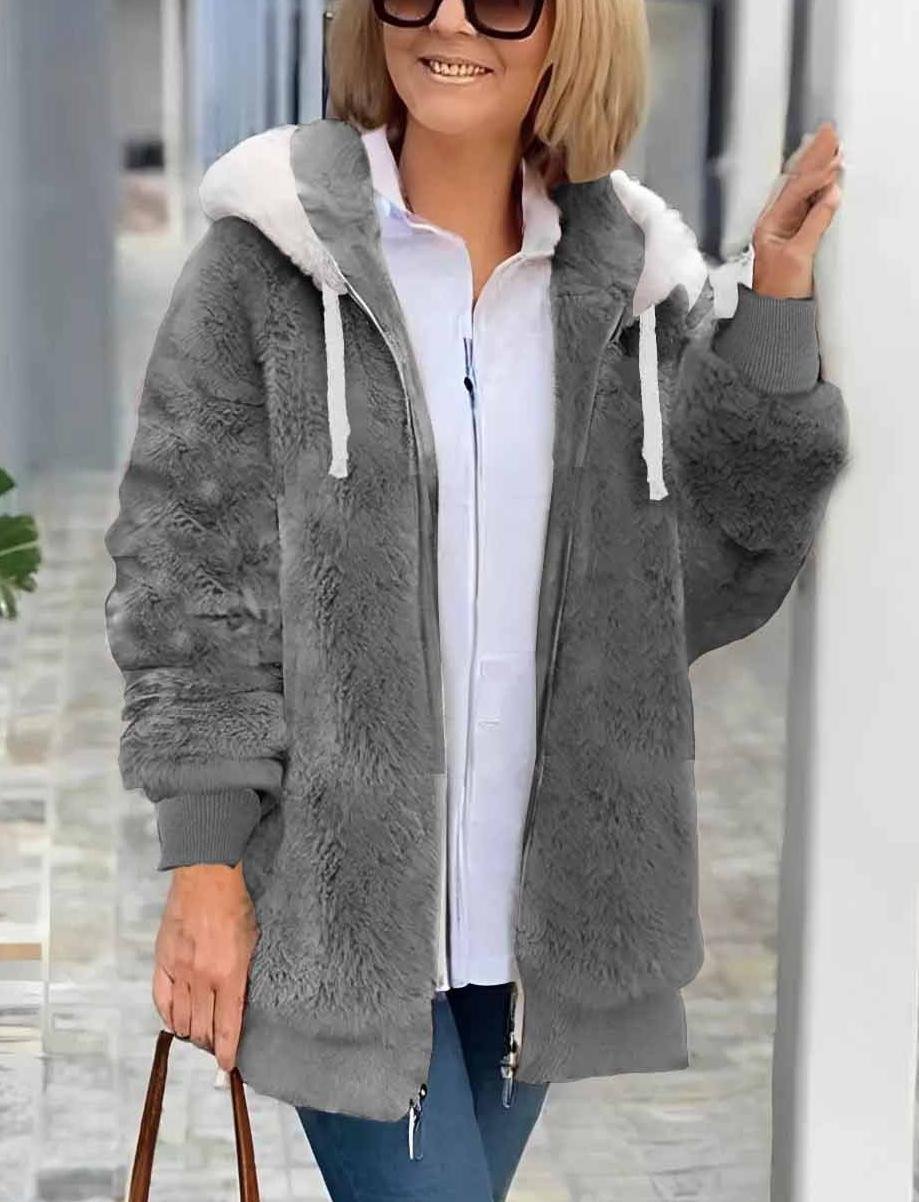 Col Châle Manches Longues Épaissi Plain Sweat à capuche zippé Caniche Blouson pour Femmes