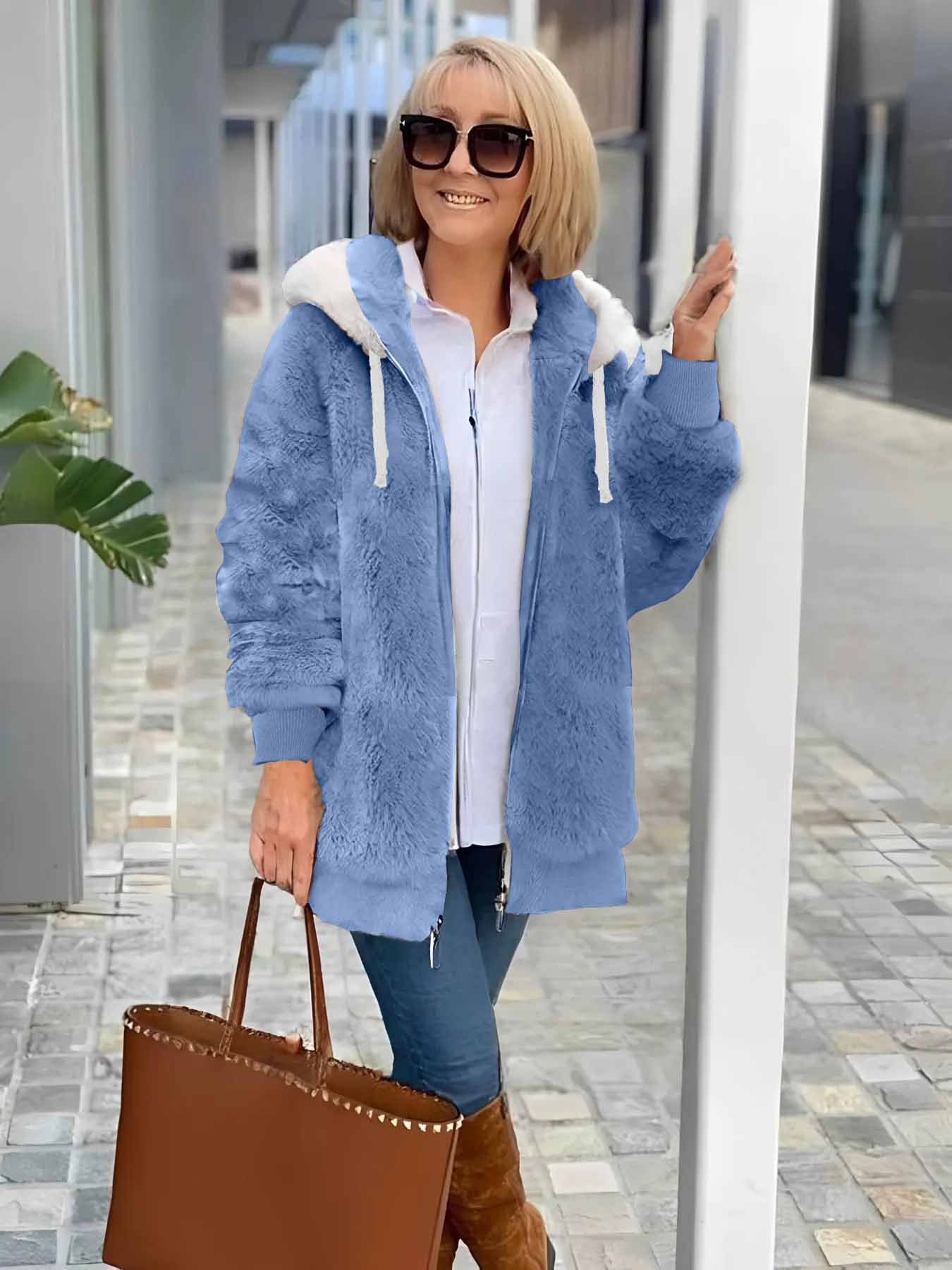 Col Châle Manches Longues Épaissi Plain Sweat à capuche zippé Caniche Blouson pour Femmes