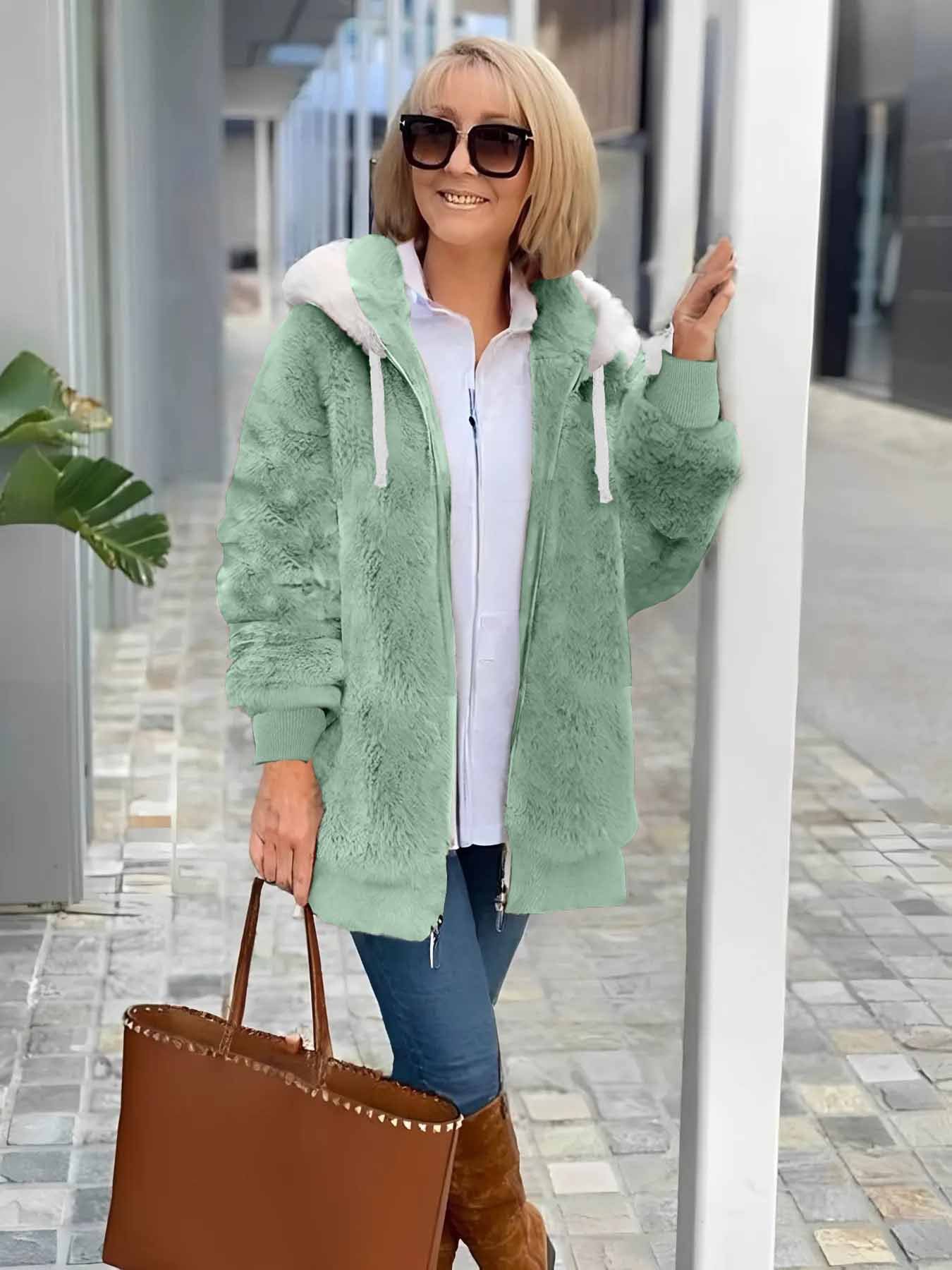 Col Châle Manches Longues Épaissi Plain Sweat à capuche zippé Caniche Blouson pour Femmes