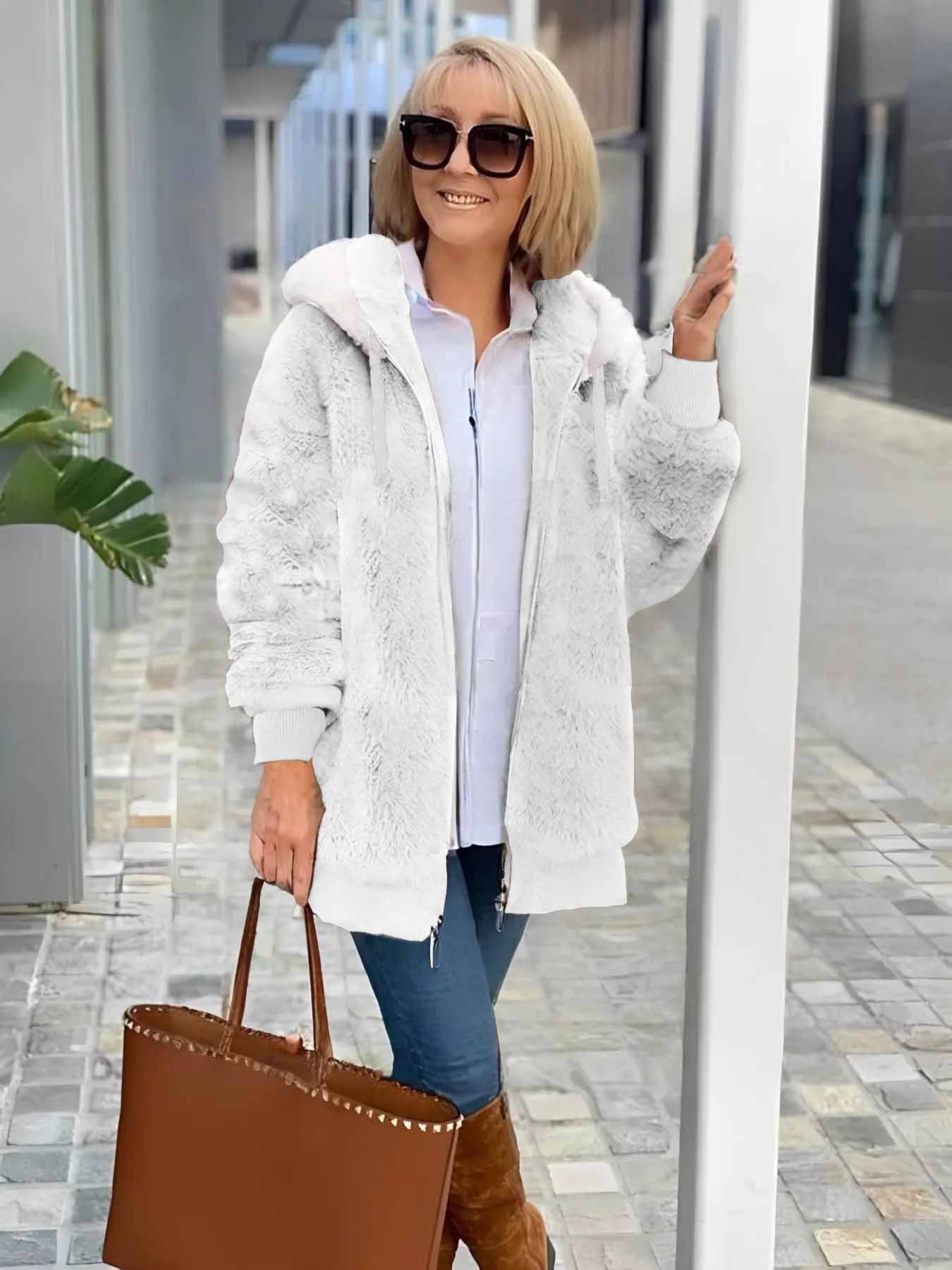 Col Châle Manches Longues Épaissi Plain Sweat à capuche zippé Caniche Blouson pour Femmes