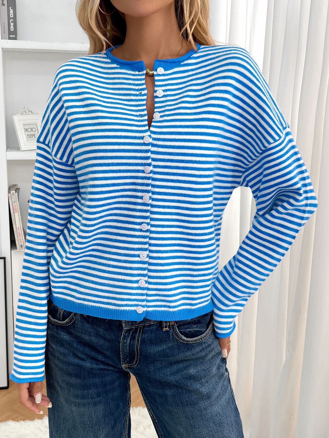Cardigans Femmes Rayé Décontracté Printemps / Automne Polyester Quotidien Coupe Régulière Col Rond Régulier Élasticité moyenne