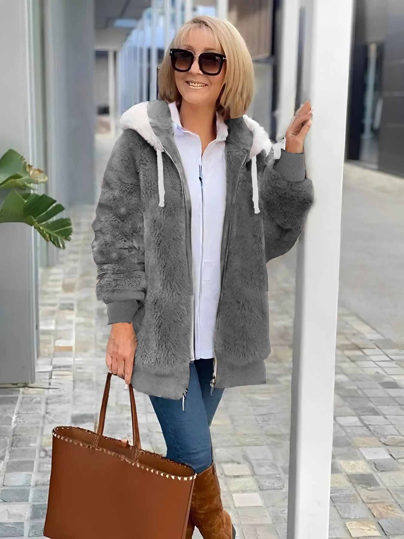 Col Châle Manches Longues Épaissi Plain Sweat à capuche zippé Caniche Blouson pour Femmes