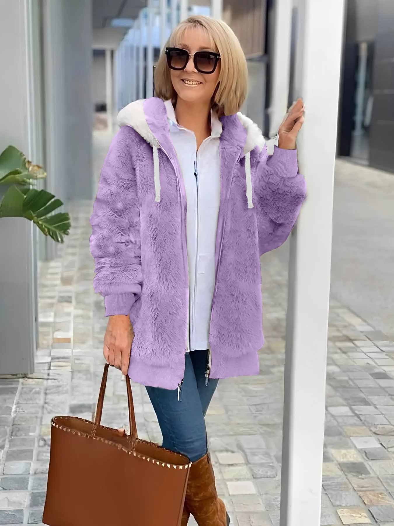 Col Châle Manches Longues Épaissi Plain Sweat à capuche zippé Caniche Blouson pour Femmes