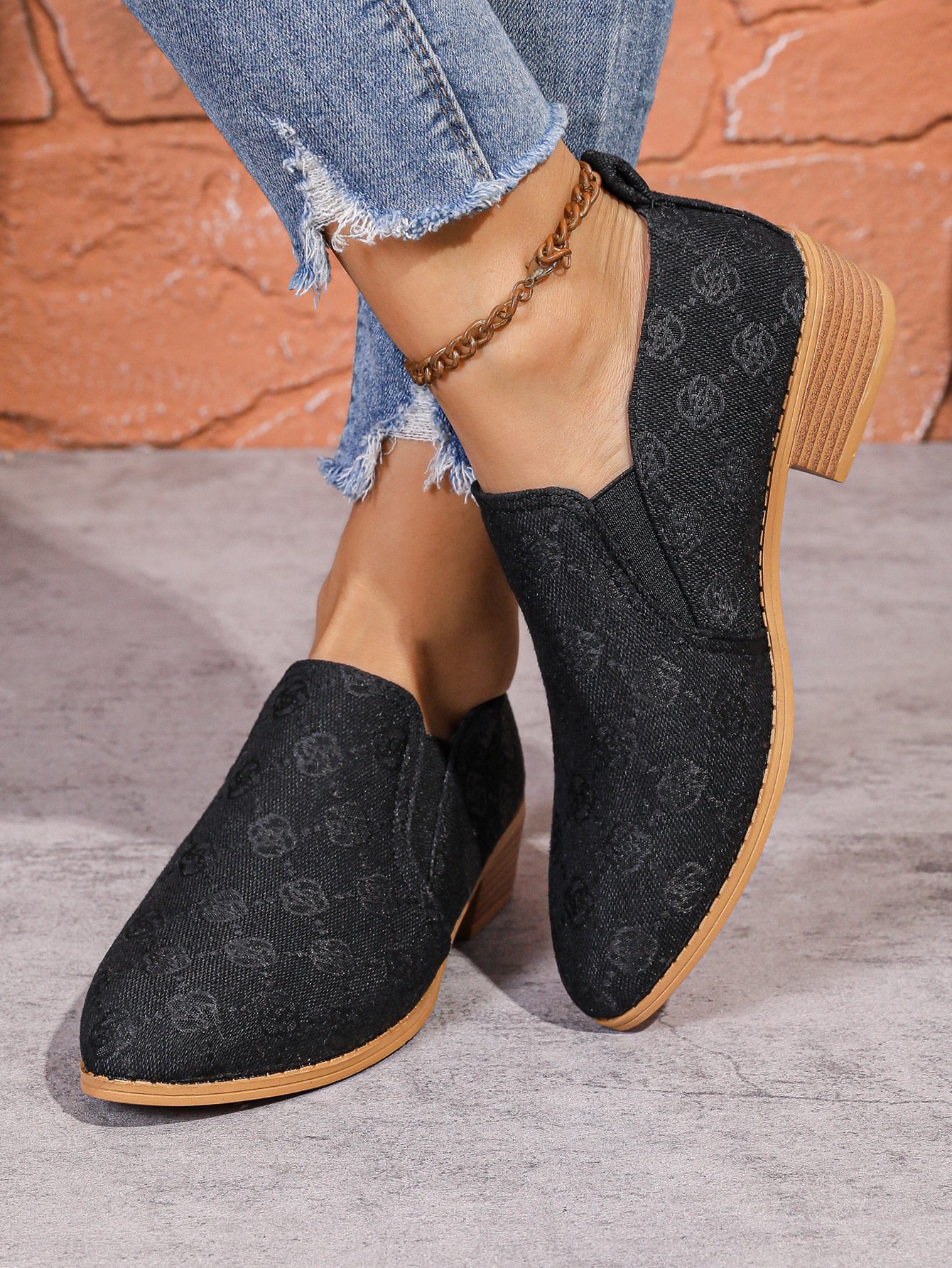 Chaussures à Tige Basse Géométrique Rétro Toutes Les Saisons Quotidien Talon de Bloc Bout Fermé Caoutchouc à Enfiler Chaussures à Tige Basse pour Femmes